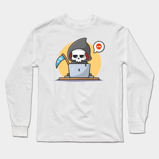 Cute Grim Reaper Operating Laptop Cartoon Vector Icon Illustration Long Sleeve T-Shirt